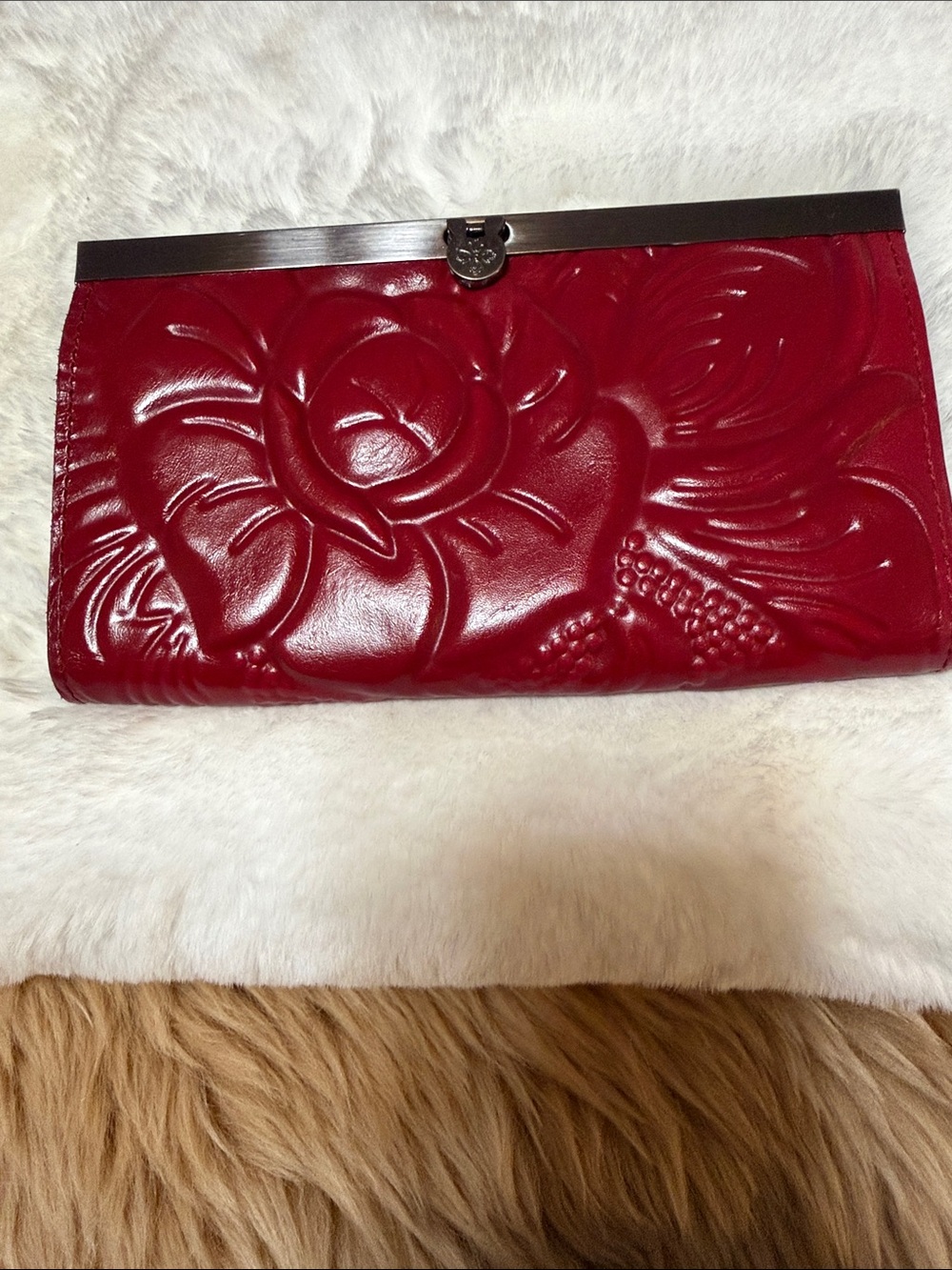 Patricia Nash Cauchy Leather Wallet Red Lava Tooled RFID Blocking Push Lock Rose